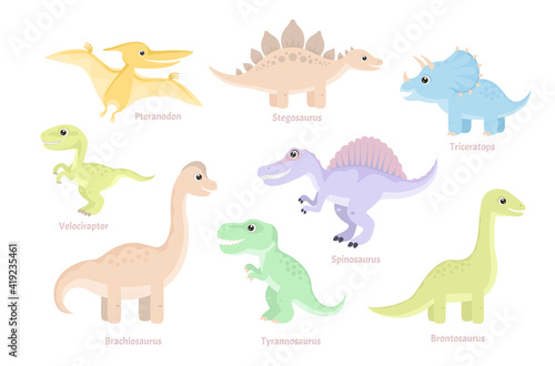 Set of cartoon funny dinosaurs isolated. Simple flat vector illustration of cute animals.Stegosaurus, Brachiosaurus, Pteranodon, Velociraptor, Tyrannosaurus, Triceratops, Brontosaurus, Spinosaurus.