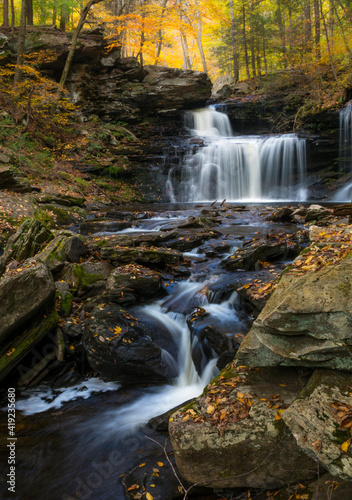 Fototapeta Naklejka Na Ścianę i Meble -   colorful autumn foliage with calming cascading waterfall in Pennsylvania.