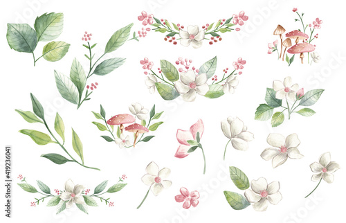 Watercolor flowers spring bouquet frame pink blossoms