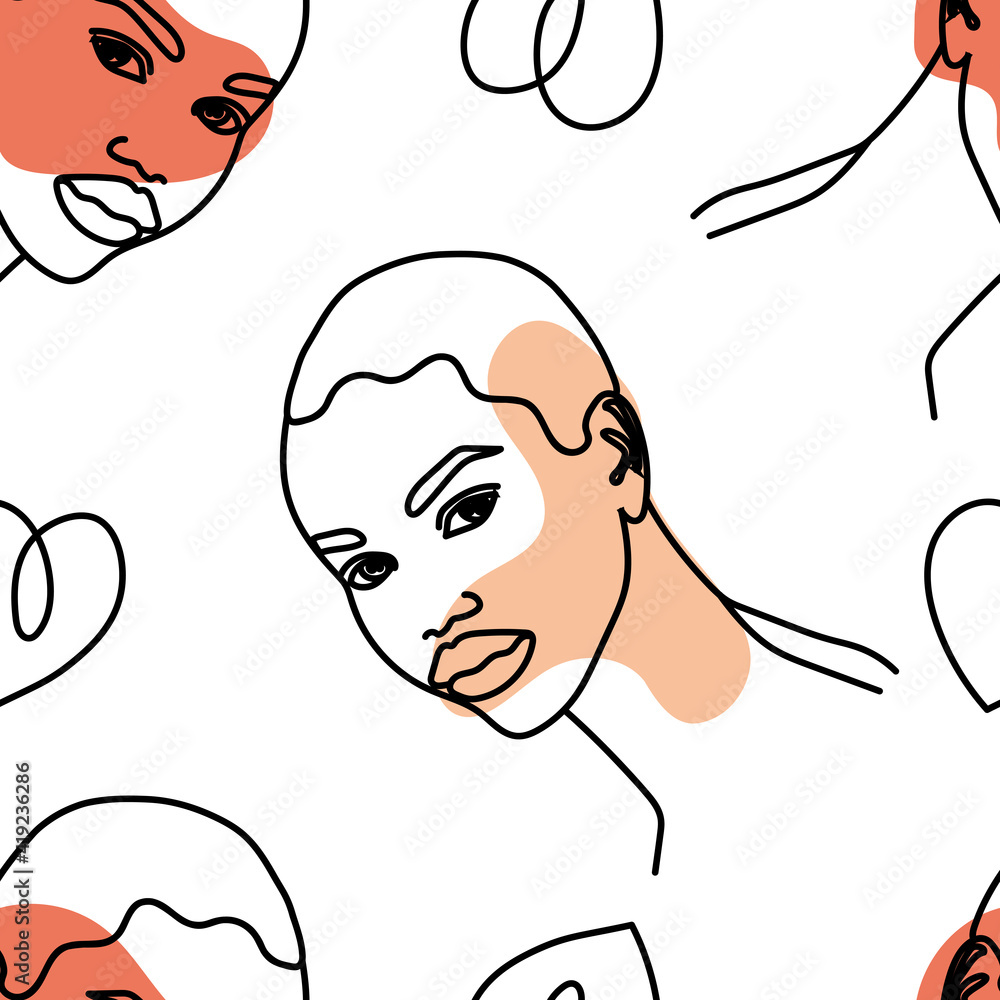 Modern female face silhouettes. Seamless pattern of hand drawn fashionable girls. Continuous line, minimalistic concept. 