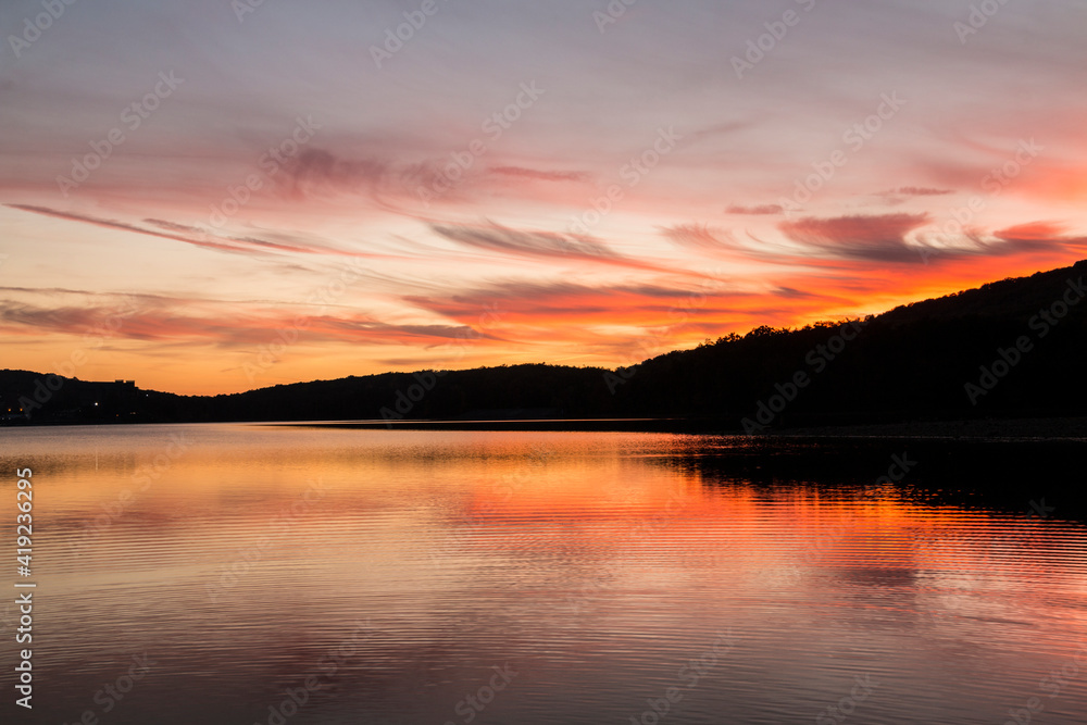 dramatic sunset landscape in Rocky Gap State Park in Maryland.
