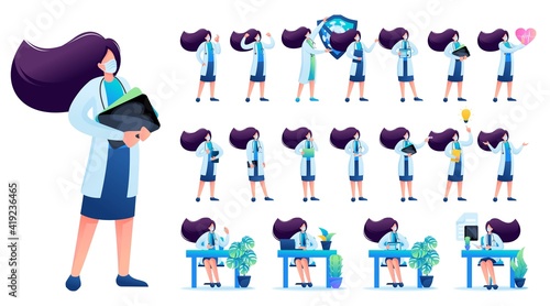 Set of Woman doctor. Presentation in various in various poses and actions. 2D Flat character vector illustration N5