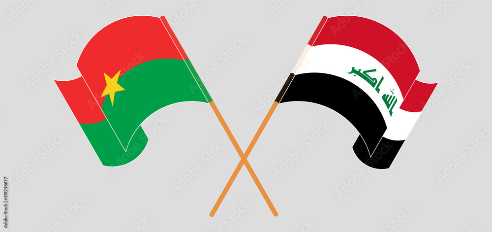 Crossed and waving flags of Burkina Faso and Iraq Crossed and waving flags of Burkina Faso and Iraq