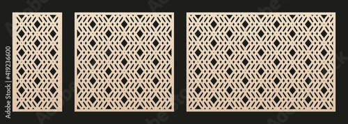 Decorative panels for laser cutting. Cutout silhouette with abstract geometric pattern, diamond grid, lattice, mesh. Laser cut stencil for wood, metal, paper, plastic. Aspect ratio 1:2, 1:1, 3:2