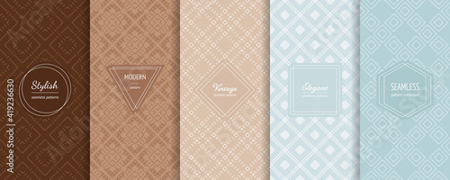 Vector set of vintage seamless patterns in traditional ethnic style. Tribal geometric ornament in trendy pastel colors. Elegant minimal stickers. Nordic winter Christmas textures. Abstract backgrounds