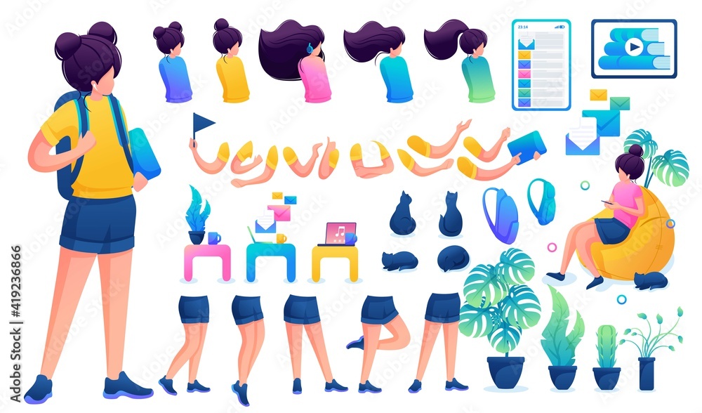 Constructor for creating a young teen girl. Create your own beautiful girl character with a set of hands and feet. Flat 2D vector illustration N1 Constructor for creating a young teen girl. Create your own beautiful girl character with a set of hands and feet. Flat 2D vector illustration N1