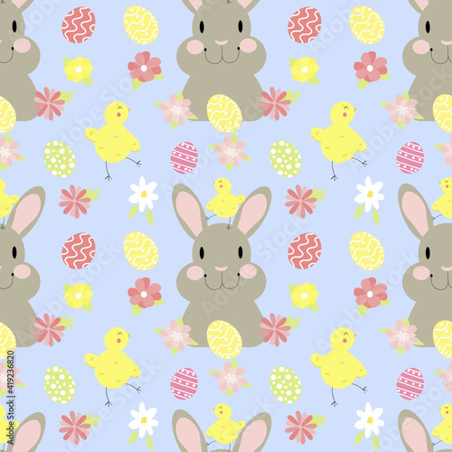 Vector seamless pastel Easter cute pattern with bunny, chicken, flowers on a blue background.
