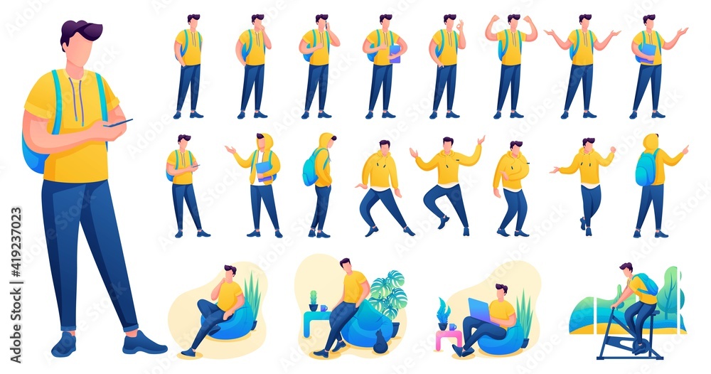 Presentation in various poses and actions character. Young Men. 2D Flat character vector illustration N1