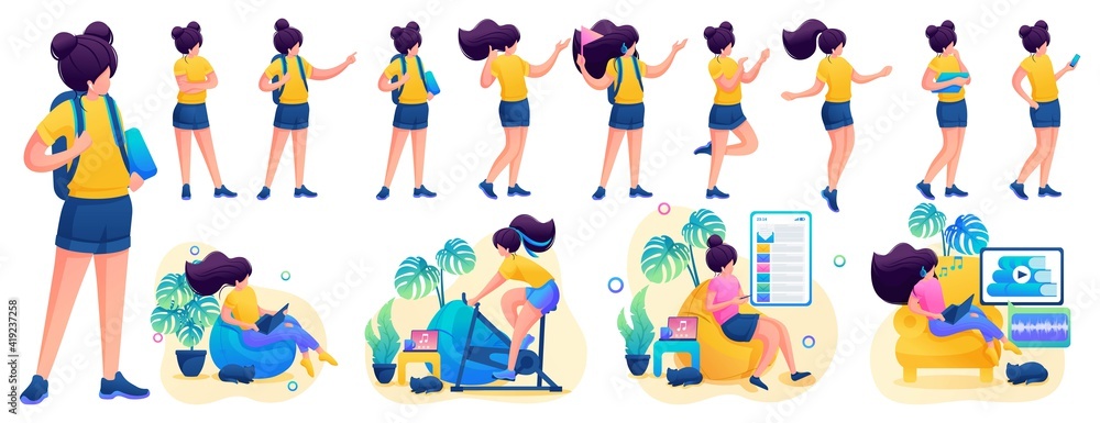 Young girl in various poses and actions, communication, work, training. 2D flat character vector illustration N1 Young girl in various poses and actions, communication, work, training. 2D flat character vector illustration N1