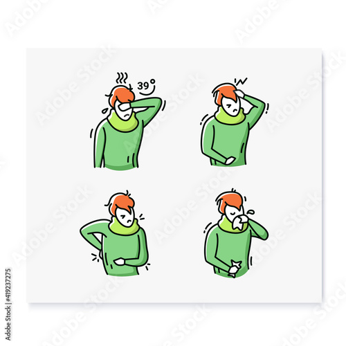 Flu color icons set.Fever.Headache.Muscle or back aches.Sore throat.Coronavirus symptoms.Health problem.Isolated vector illustration