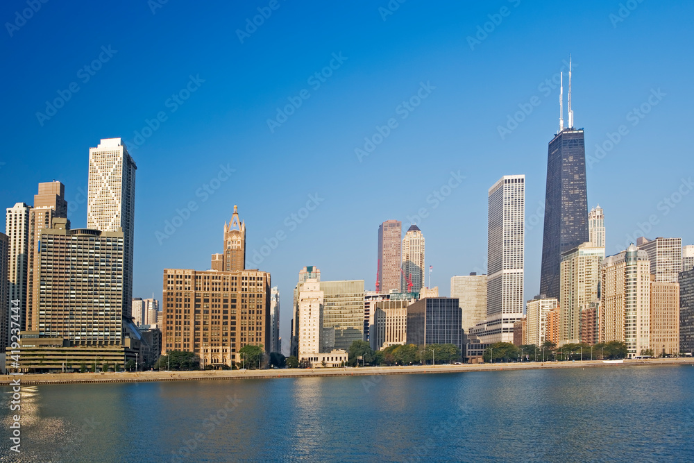 USA, Illinois, Chicago. City skyline and Lake Michigan.