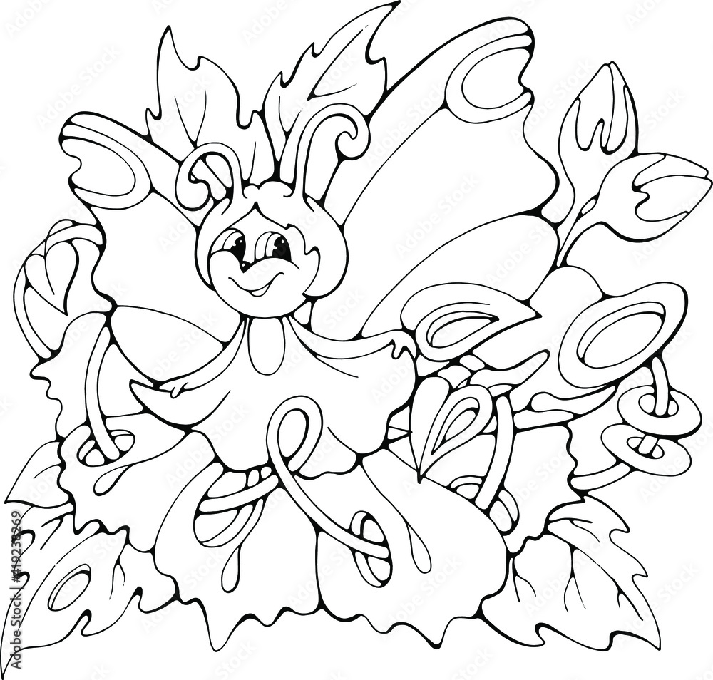 Obraz premium cartoon butterfly and flowers on white background, vector isolated doodle hand drawn illustration for children coloring books, postcards, prints