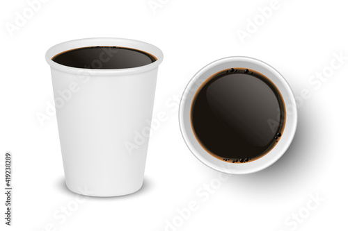 Vector 3d Realistic Paper White Disposable Cup Set Isolated with Black Coffee Isolated. Espresso, Americano, Mocha. Stock Vector Illustration. Design Template. Top and Front View
