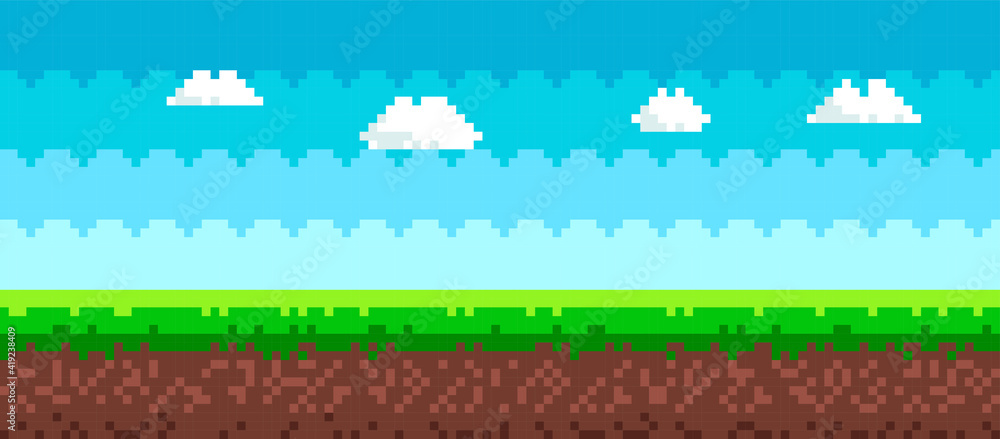 Pixel art game background. 8 bit picture with sky, clouds, ground and ...