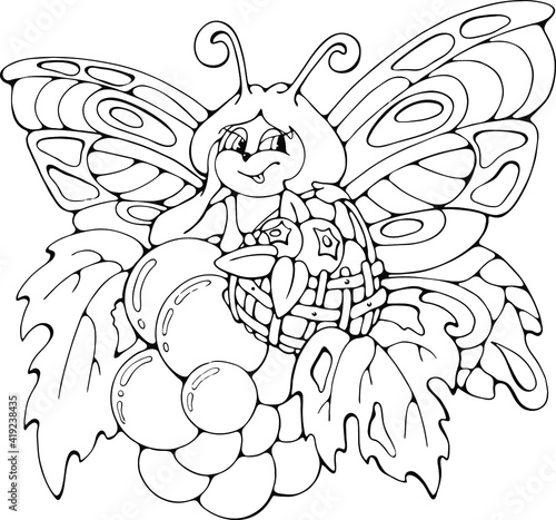 cartoon butterfly with berries in basket on white background  vector  isolated doodle hand drawn illustration for children coloring books  postcards  prints