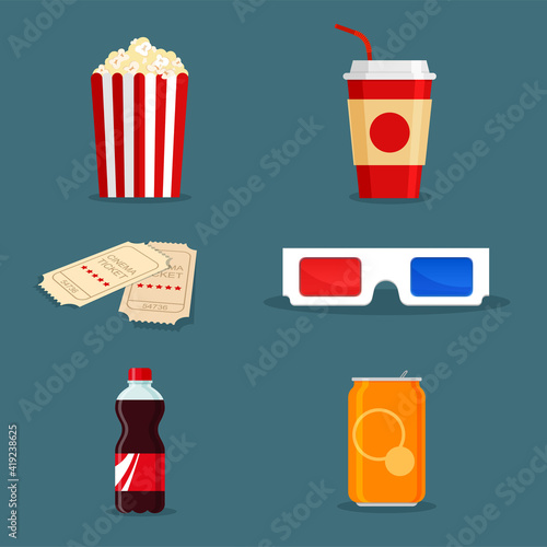 Movie items. Soda drink in can and bottle, popcorn in classic striped red white cardboard box, tickets and 3D glasses in cartoon style for cinema poster. Takeaway fast food in trendy flat style.
