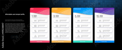 Pricing Table Template with Plans Type. Pricing table, banner.  Vector illustration of pricing subscription plan table template with blue vector illustrations.