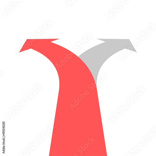 Two arrows pointing in different directions. Choice of path. Red and grey arrow. Vector illustration isolated on white background.