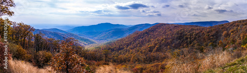 panoramic shot of the BlueRidge Mountains as seen in one of the overlooks in Shenandoah national park in Virginia