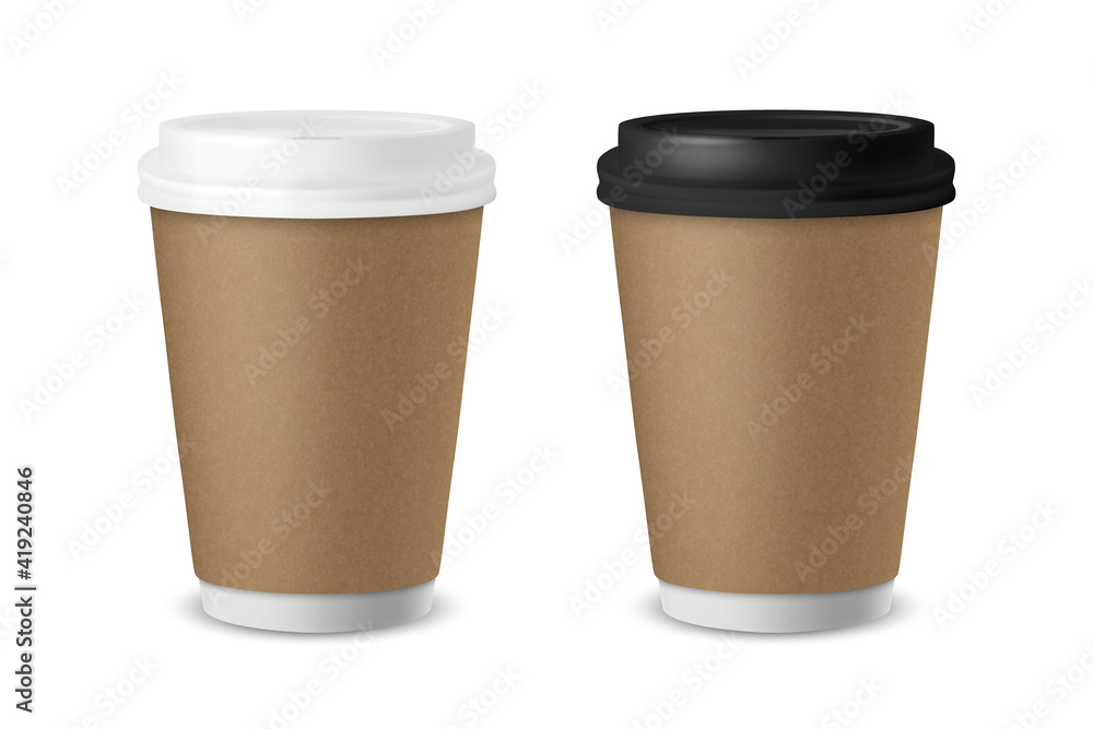 Vector 3d Realistic Paper or Plastic Brown Disposable Tea, Coffee Cup Set with White and Black Lid Isolated. Stock Vector Illustration. Design Template. Front View Vector 3d Realistic Paper or Plastic Brown Disposable Tea, Coffee Cup Set with White and Black Lid Isolated. Stock Vector Illustration. Design Template. Front View