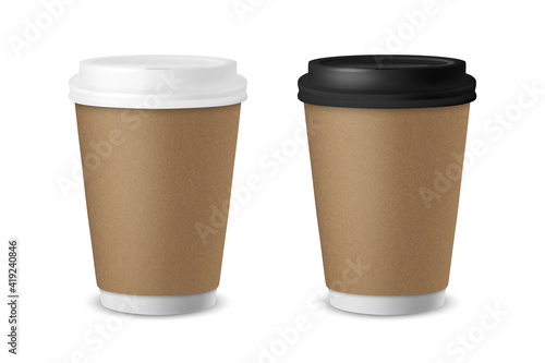 Vector 3d Realistic Paper or Plastic Brown Disposable Tea, Coffee Cup Set with White and Black Lid Isolated. Stock Vector Illustration. Design Template. Front View