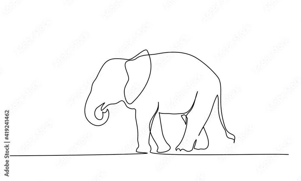 Elephant walking silhouette. One line drawing. Hand drawn