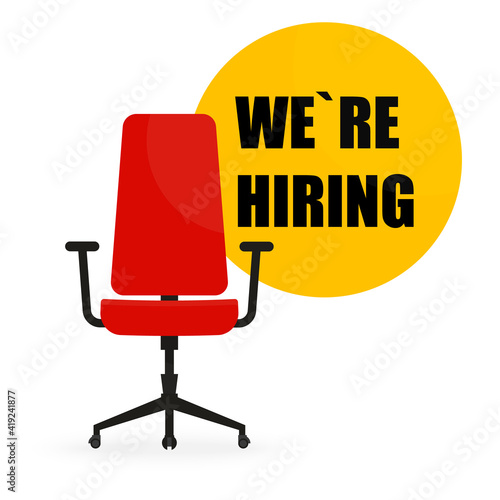 Job vacancy banner or poster design with office chair for designation for We're Hiring concept. Vector illustration.