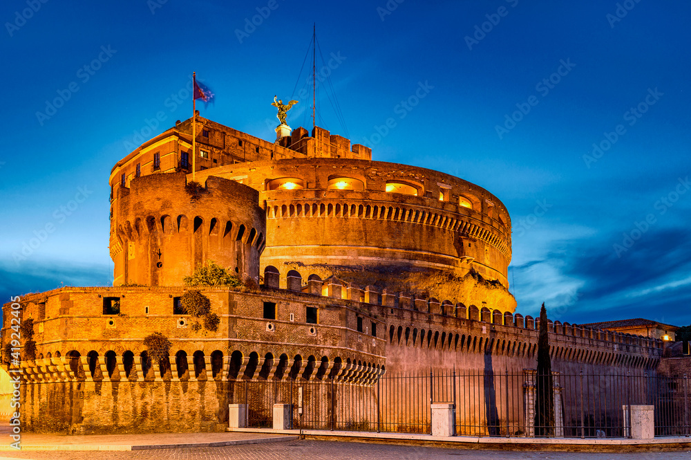 Mausoleum of Hadrian, Castel Sant Angelo in Rome, Italy, during an evening blue hour