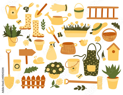 Gardeners Equipment Set Of Objects Needed For Gardening And Farming Isolated Vector Illustrations in Flat Hand Drawn Style. Garden Tools Collection in green and yellow colors.