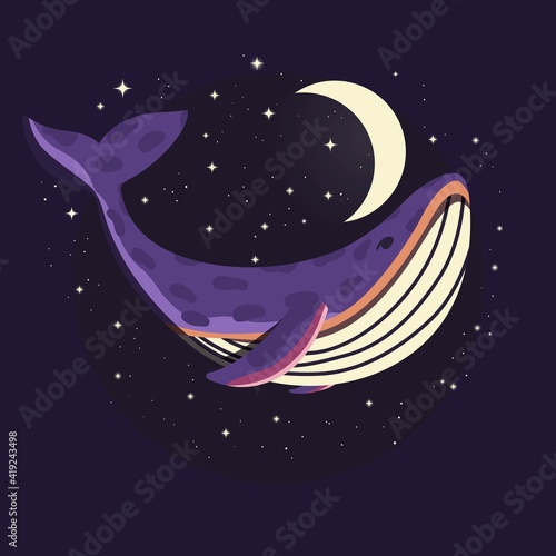 Colorful illustration portrait of cute whale in space with moon and stars. Hand drawn wild animal.