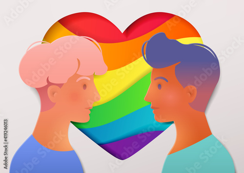 Love LGBTQ illustration with portraits of young gay couple over a colorful paper cut style rainbow heart background for LGBT rights and movements