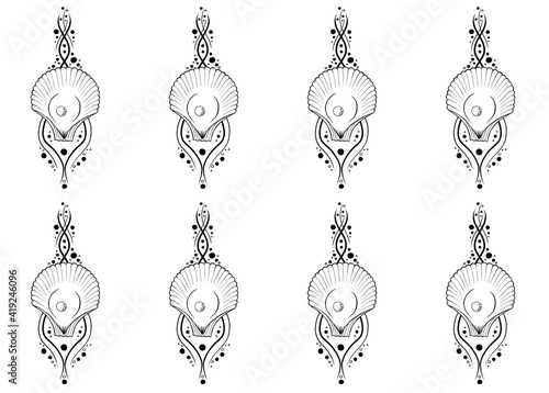 Seamless black and white line art pattern, open seashell with a pearl inside.