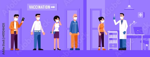Mass vaccination against covid-19. Queue of people at the clinic for vaccinations. Vector illustration.