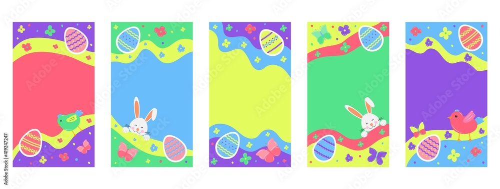 Happy Easter. Abstract backgrounds highlight cover. Hand drawn templates. Doodle shapes in contemporary style. For social media stories for bloggers and influencers. Vector illustration.