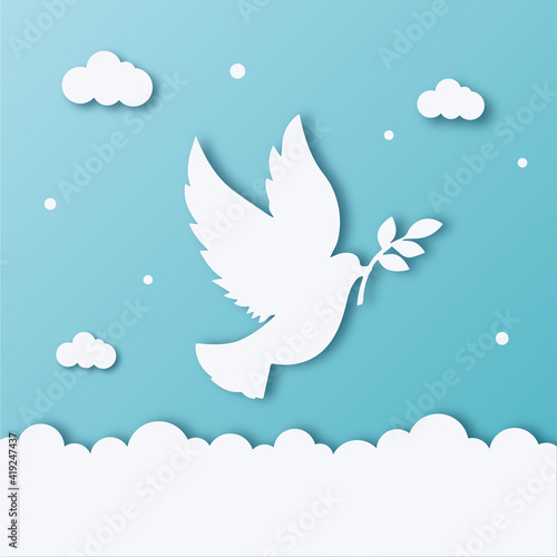 dove of peace with a branch of olive flies in the sky postcard in paper cut style