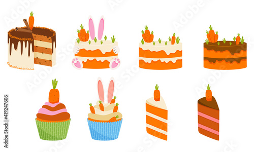 Set of carrot cakes and cupcakes. Vector illustration.
