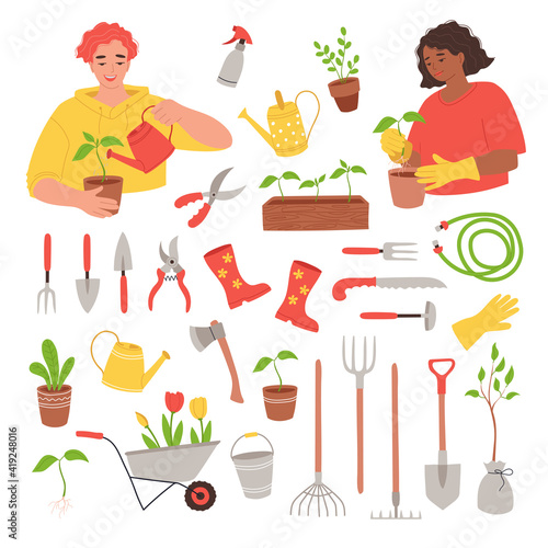 Set of various agricultural and garden tools for spring work. Gardening items in flat hand drawn style. People grow potted plants. Vector illustration on white background