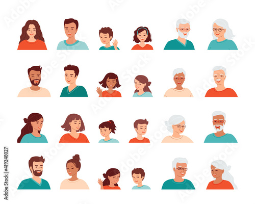 Set of avatars of people. Diverse smiling men, women and children of different ages and nationalities. Family portraits. Collection of isolated vector illustrations.