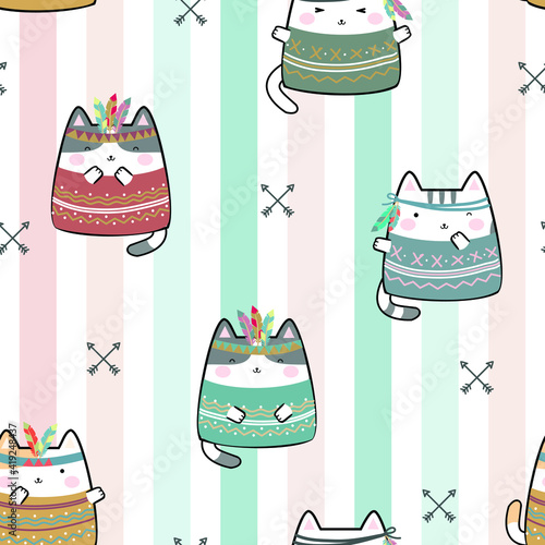 Seamless pattern with tribal boho cats. Hand drawn cute characters Cartoon Animals Background. Vector illustration