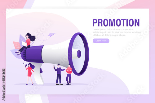 Flat advertising with promotion megaphone people for marketing promotion design. Flat vector illustration. Vector illustration.