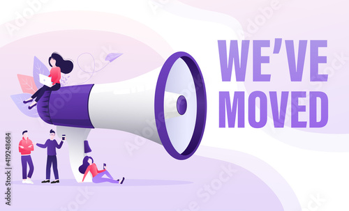 Template with we have moved man holding megaphone on white background for flyer design. Vector illustration in flat style.