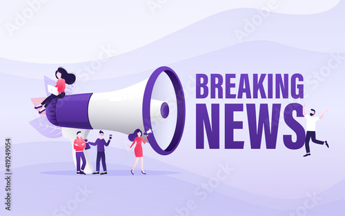 Flat template with megaphone people breaking news for flyer design. Breaking news concept. Flat vector illustration.