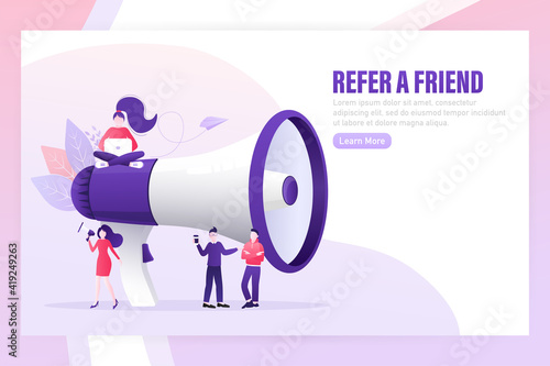 Flat icon with megaphone people refer friend. Poster, banner. Flat isometric vector illustration. 3d vector illustration.