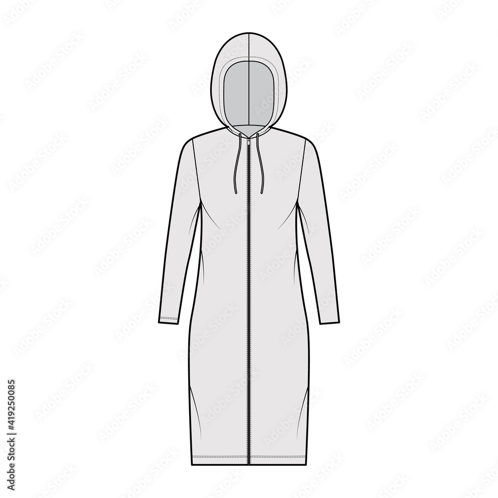 Zip-up Hoody dress technical fashion illustration with long sleeves, knee length, oversized body, Pencil fullness. Flat apparel template front, grey color style. Women, men, unisex CAD mockup Zip-up Hoody dress technical fashion illustration with long sleeves, knee length, oversized body, Pencil fullness. Flat apparel template front, grey color style. Women, men, unisex CAD mockup
