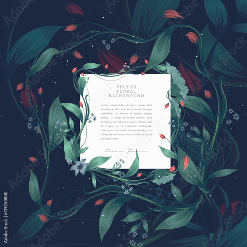 Vector floral background. Postcard with text, branches, foliage and flowers on dark background. Poster, invitation, postcard or cover.