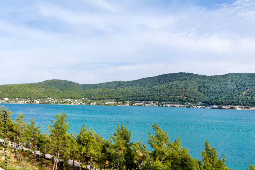 Beautiful Sea with Mountain Background  in Bodrum, Turkey. Luxury Resort, Summer Travel and Vacation Concept 
