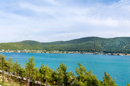 Beautiful Sea with Mountain Background in Bodrum, Turkey. Luxury Resort, Summer Travel and Vacation Concept 