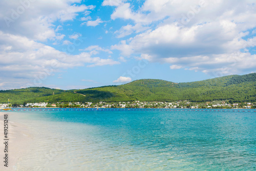 Beautiful Sea with Mountain Background in Bodrum, Turkey. Luxury Resort, Summer Travel and Vacation Concept 