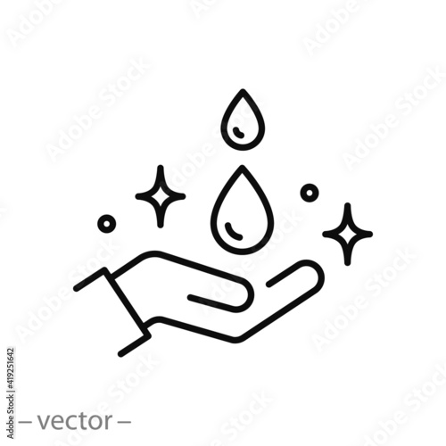 sanitize hands icon, dermatology gel alcohol, antibacterial skincare, cleaner lotion of covid virus, linear sign isolated on white background - editable vector illustration eps10