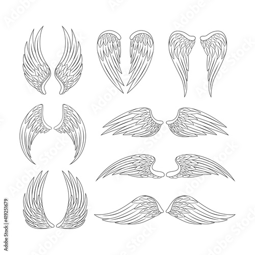 Angel wings set. Black and white vector illustration